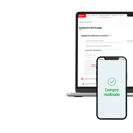 Notebook con el Getnet Portal abierto y un smartphone al frente mostrando la pantalla de ‘Compra realizada’.
