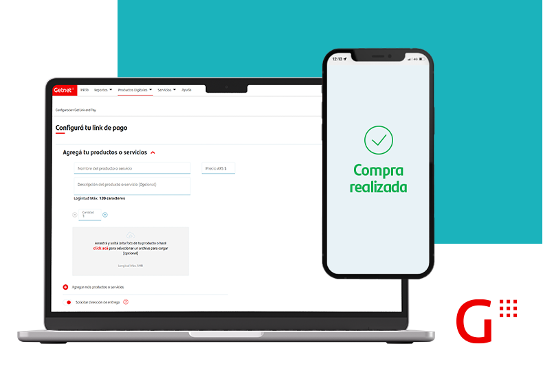 Notebook con el Getnet Portal abierto y un smartphone mostrando la pantalla de ‘Compra realizada’, sobre fondo turquesa.