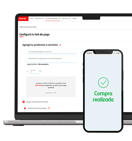 Notebook con el Getnet Portal en la sección para configurar un link de pago y un smartphone mostrando ‘Compra realizada’.
