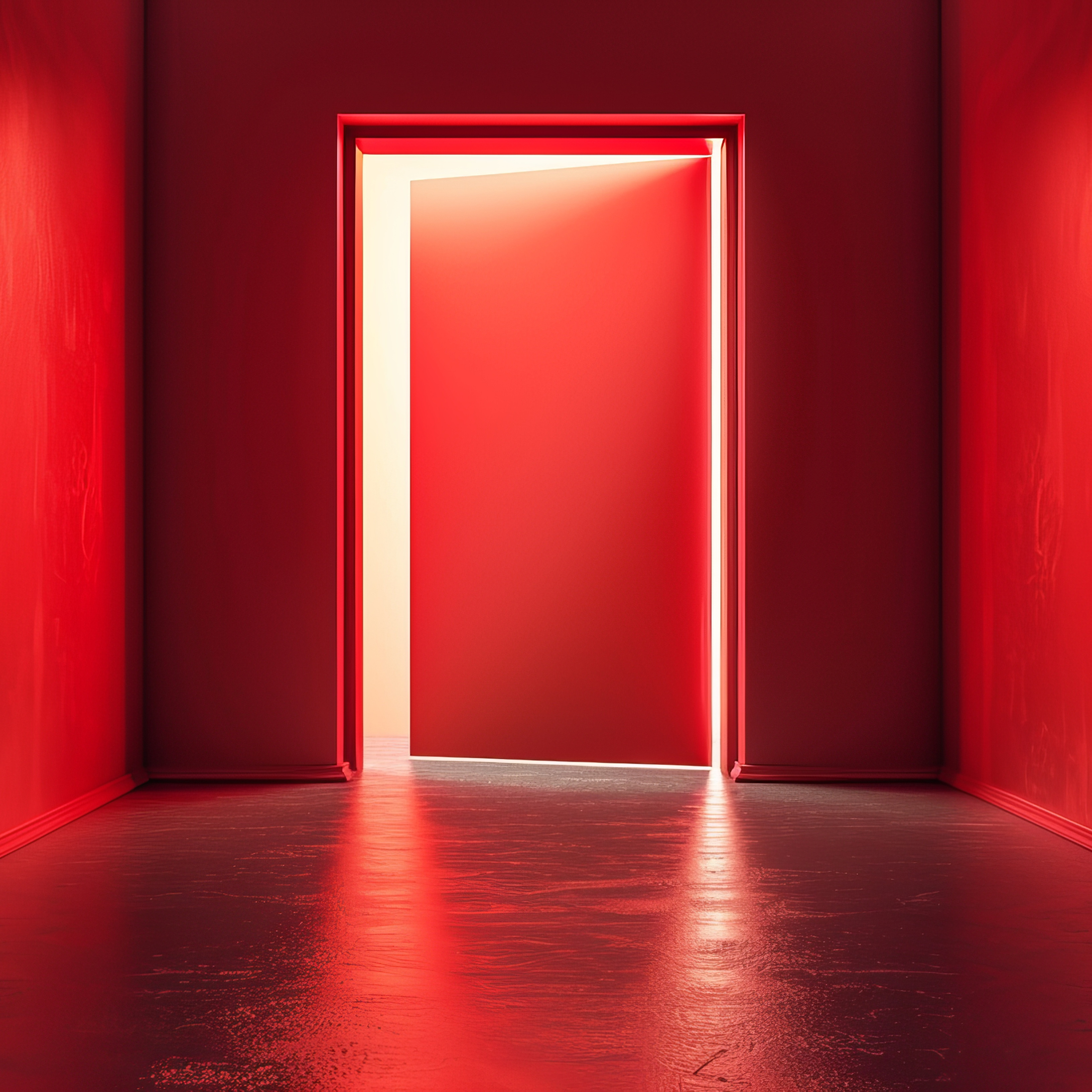 Puerta roja entreabierta con luz blanca saliendo desde el interior.